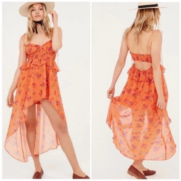 NWT For Love & Lemons Peony Asymmetric High-Low Floral Orange Maxi Dress Small - Picture 16 of 16
